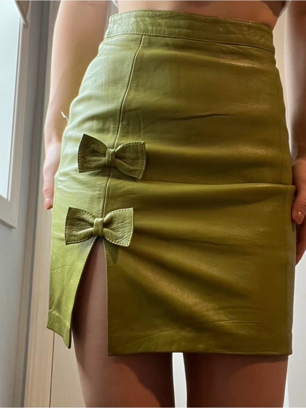 Olive Green Faux Leather Mini Skirt with Bow Details